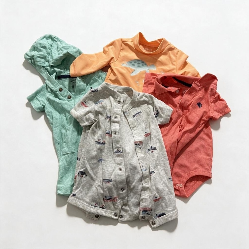Carter's Baby 3M 4 Piece Bundle Rompers Rash Guard Sea Turtle Mint Gray Coral
